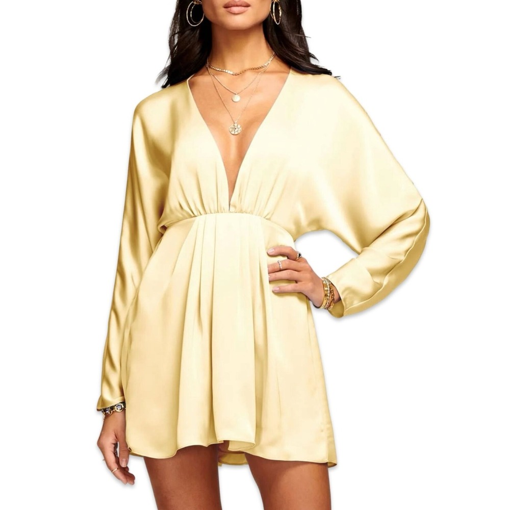 NWT Ramy Brook Tanya V-Neck Satin Long Sleeve Mini Dress Daffodil Yellow Size 2